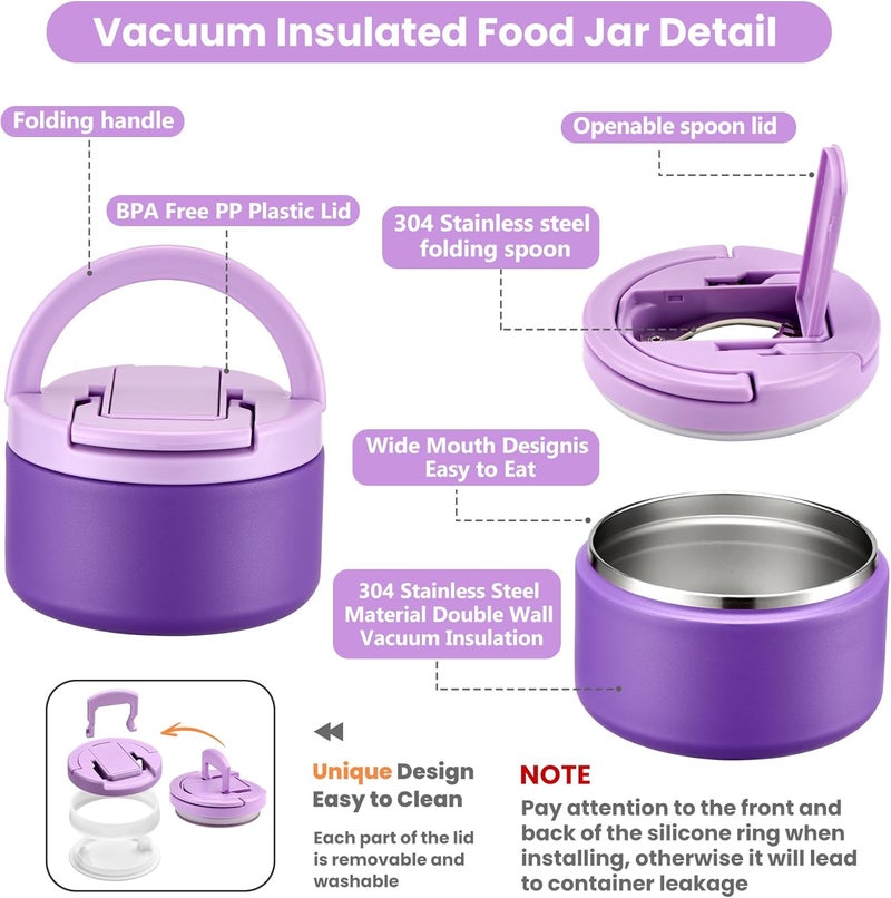 BABHAMNESS Bento Lunch Box with 8oz Soup Thermo,Kids Leakproof 4 Compartment Lunch Food Containers with Sauce Cup and Ice Pack,Kids Thermo Insulated Hot Food Jar and Lunch Bag for School,Trvael-Purple - Image 5